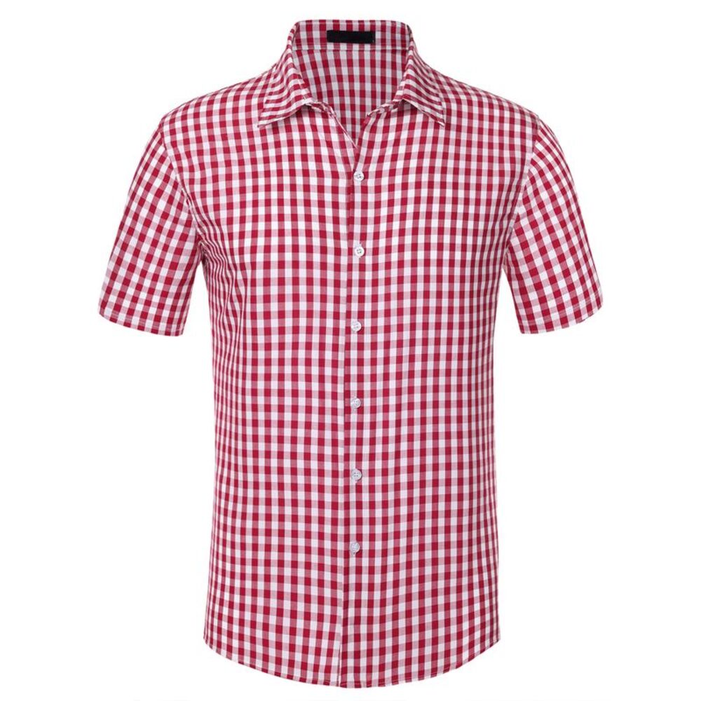 Checked Short Sleeves Button Formal Plaid Tartan Dress Shirt Red